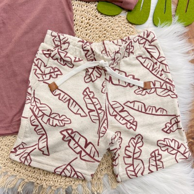 Conj. Camiseta Gola Padre e Bermuda em Linho Folhagem - Bordô e Areia